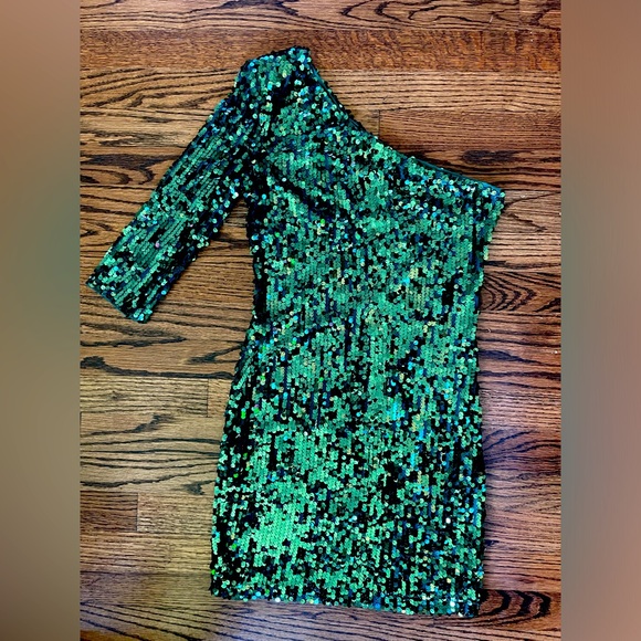 Blaque Label Women’s Mini Dress, Emerald Green Sequin Sheath. One shoulder, XS - Picture 1 of 4
